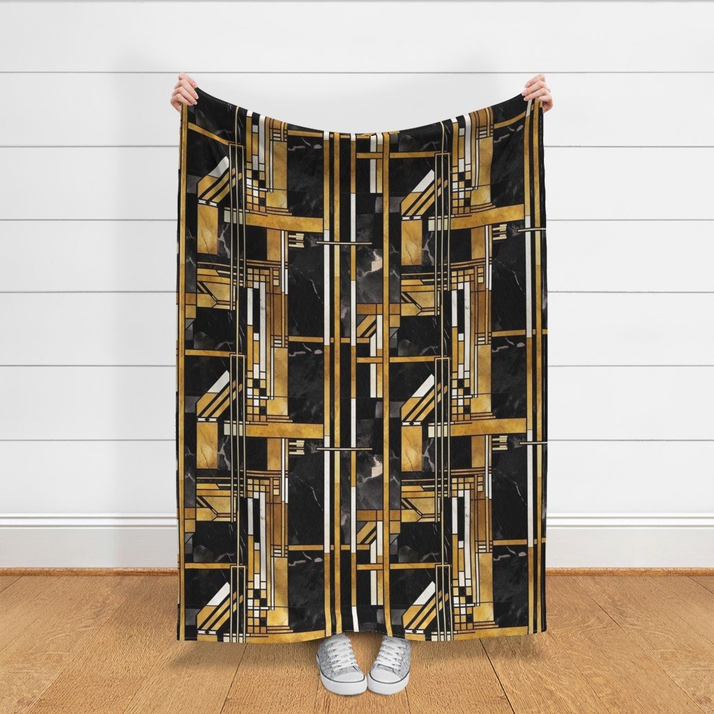 De Stijl Geometric Art Deco Pattern in Black and Gold Fabric art deco fabric