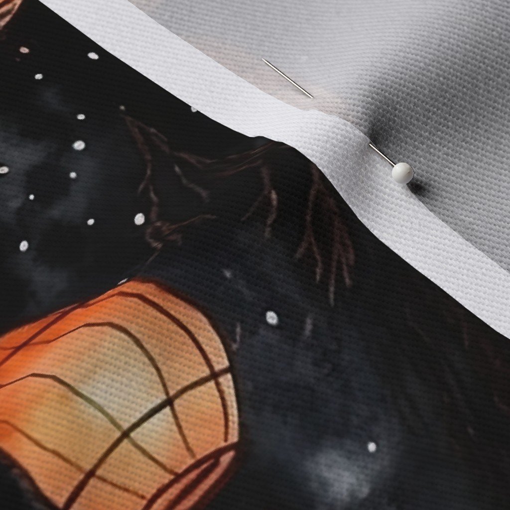 Small Orange Glowing Chinese Paper Lanterns Watercolor Fabric chinese rice paper fabric