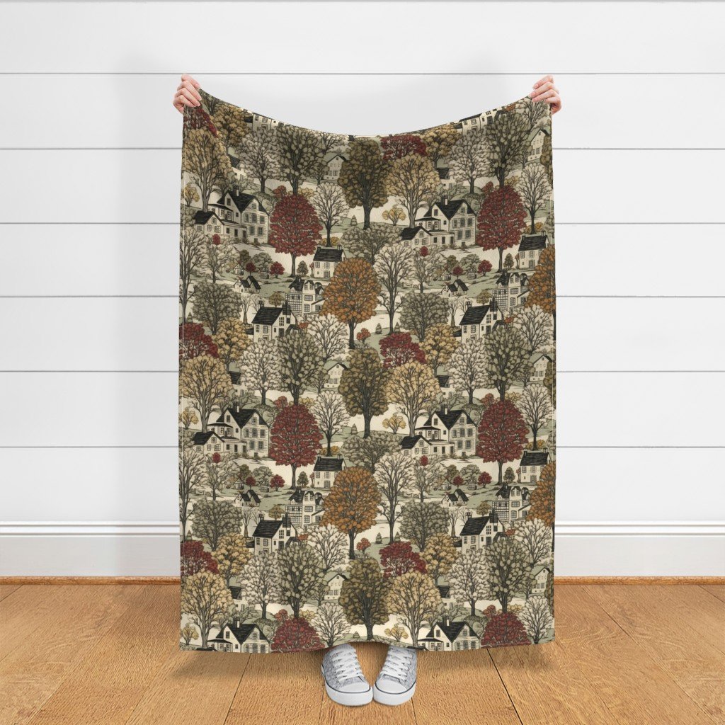 New England Village Houses with Trees in Muted Colors Fabric new england forest fabric