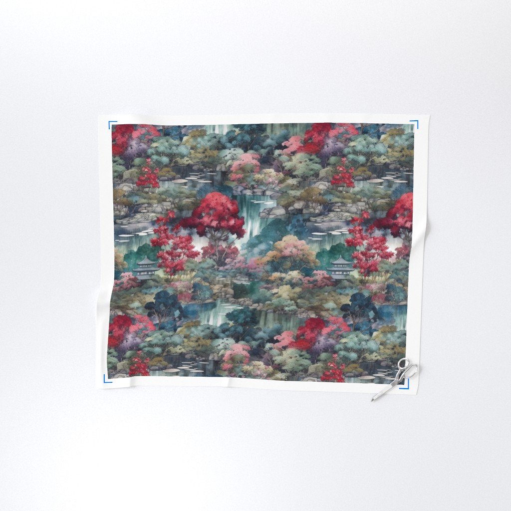 Japanese Water Garden Watercolor with Temples Fabric japanese temples fabric
