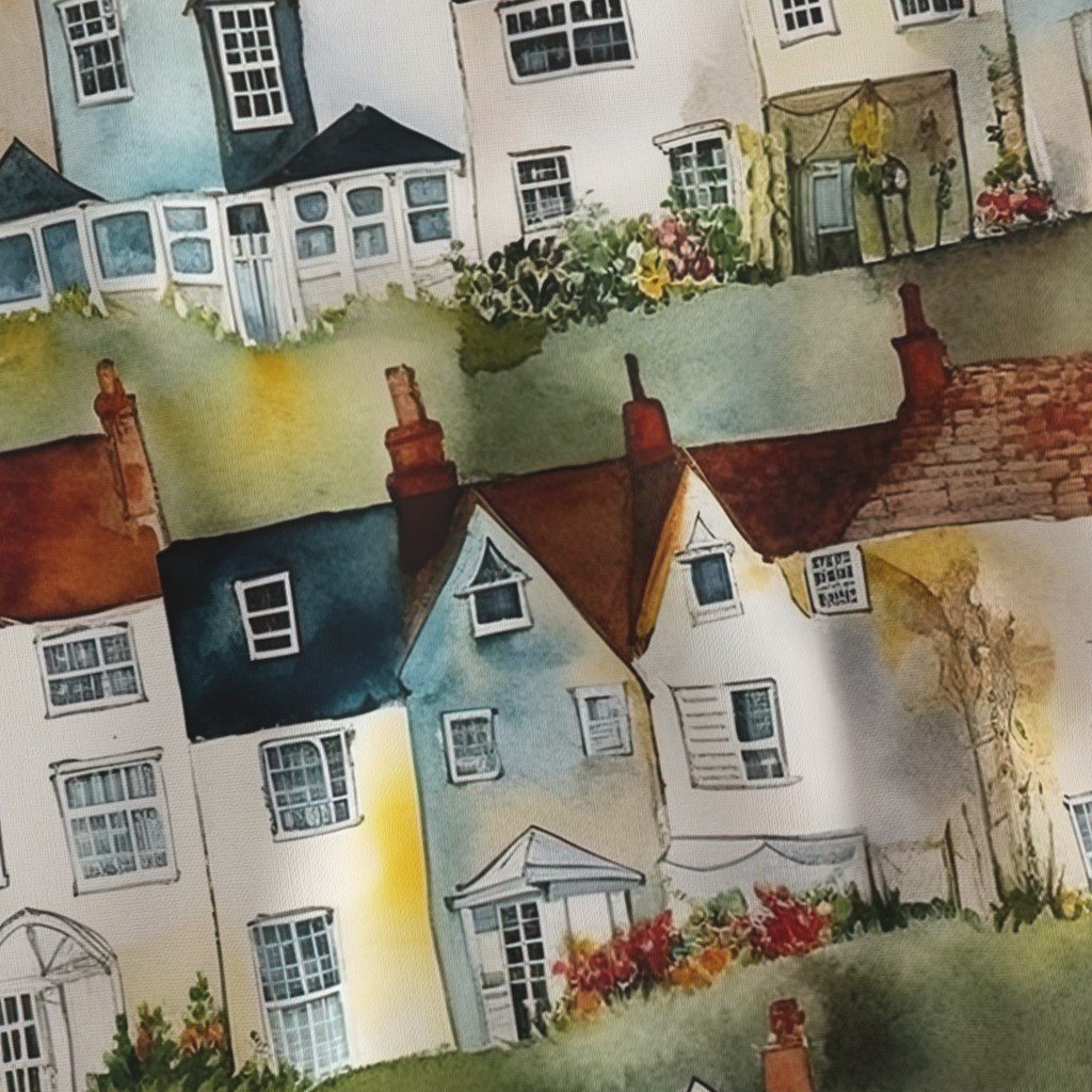English Village Houses in Watercolor Fabric watercolor houses fabric