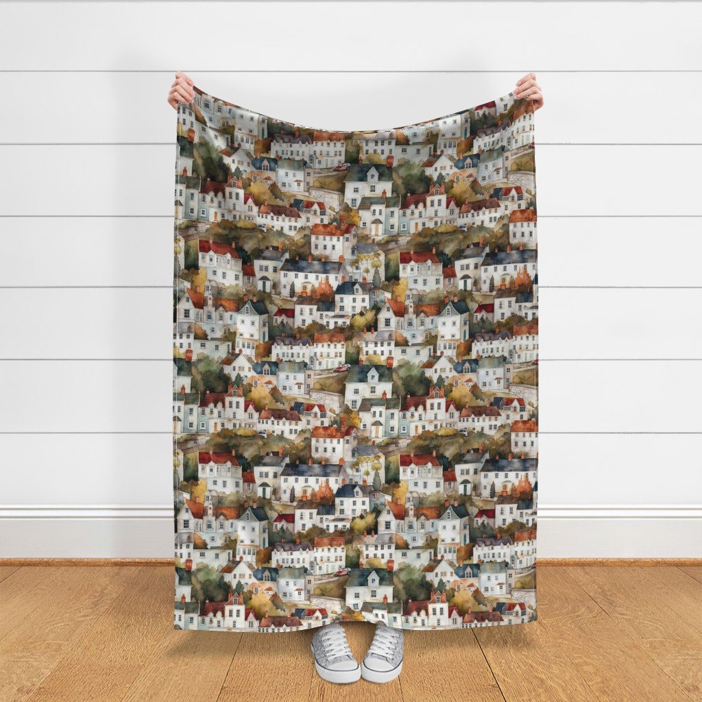 English Town Houses in Watercolor Fabric english town fabric