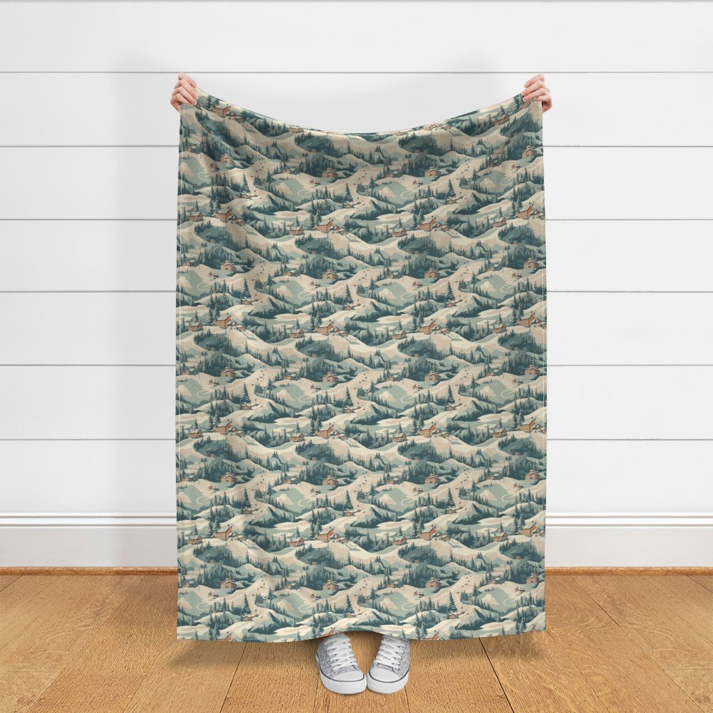 Small Vintage Ski Slope Cabins in Woods Blue Fabric ski slope fabric