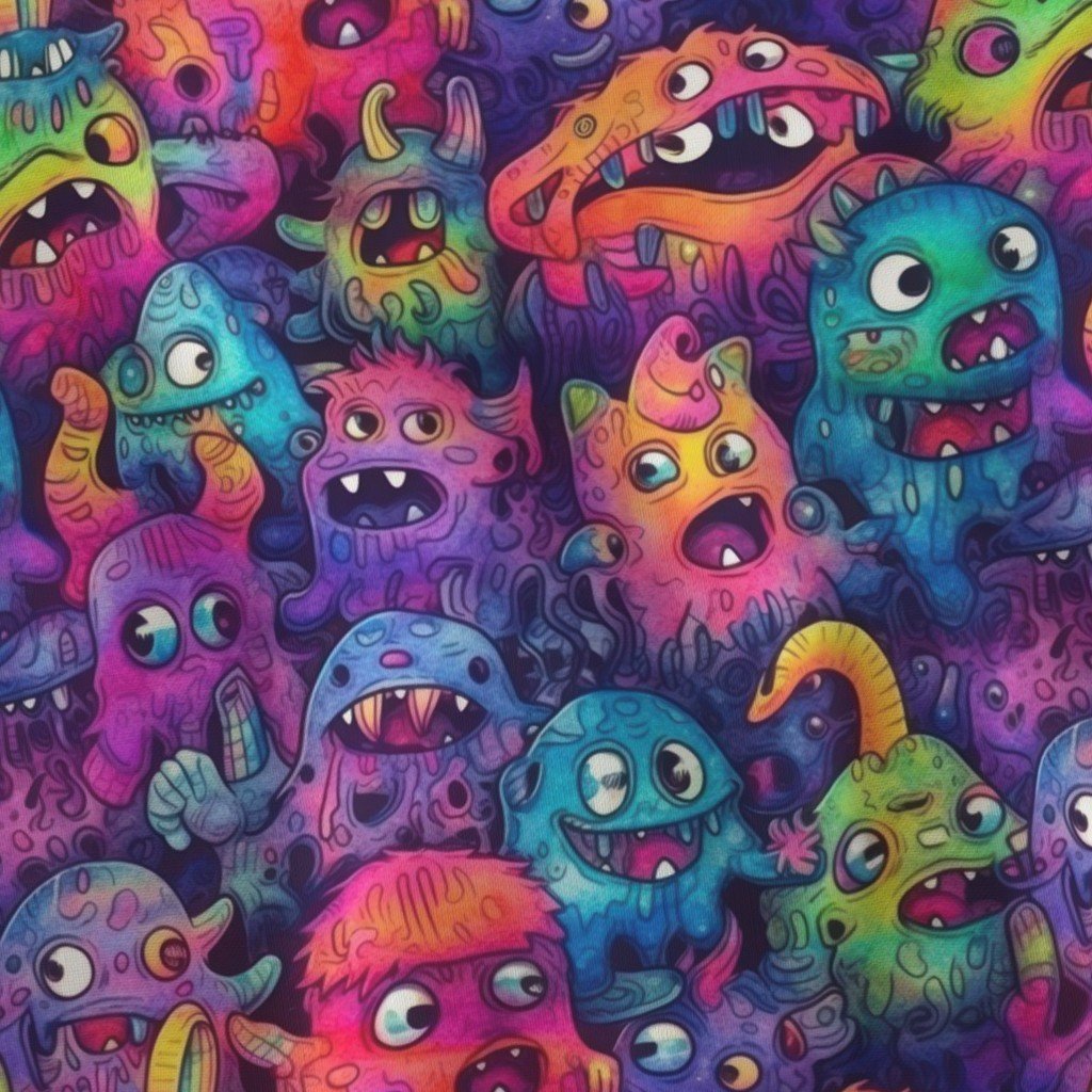 Cute Halloween Monster Watercolor Doodles in Bright Colors Fabric adorable monsters fabric