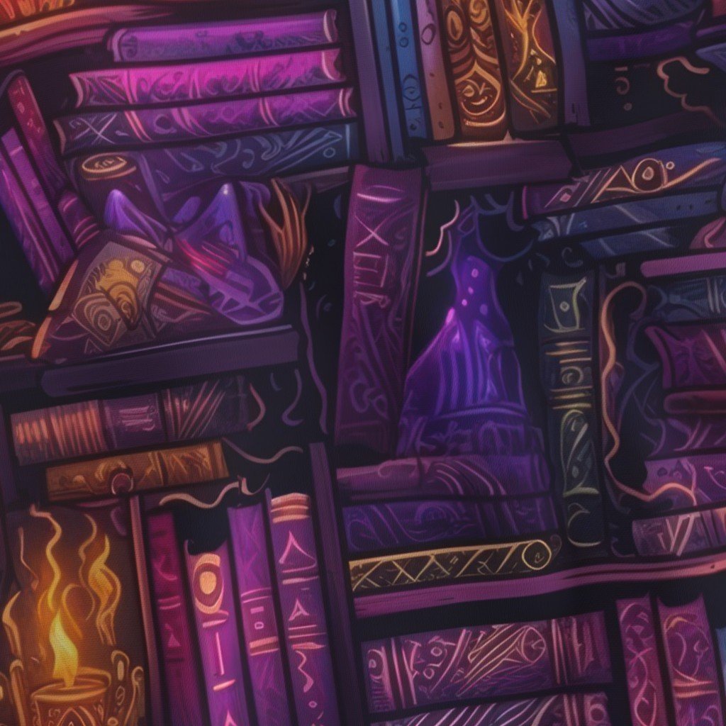 Witch Spooky Neon Halloween Books on Library Spell Book Shelf Fabric halloween books fabric