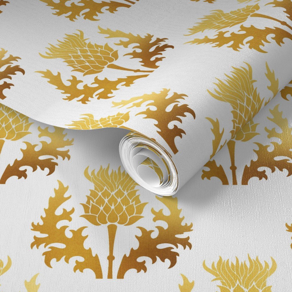 Large Scottish Thistle Flower of Scotland Gold on White Wallpaper gold thistle wallpaper