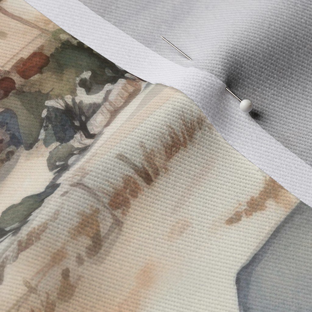 Winter Snowy Farm Landscape Watercolor Fabric farm houses fabric