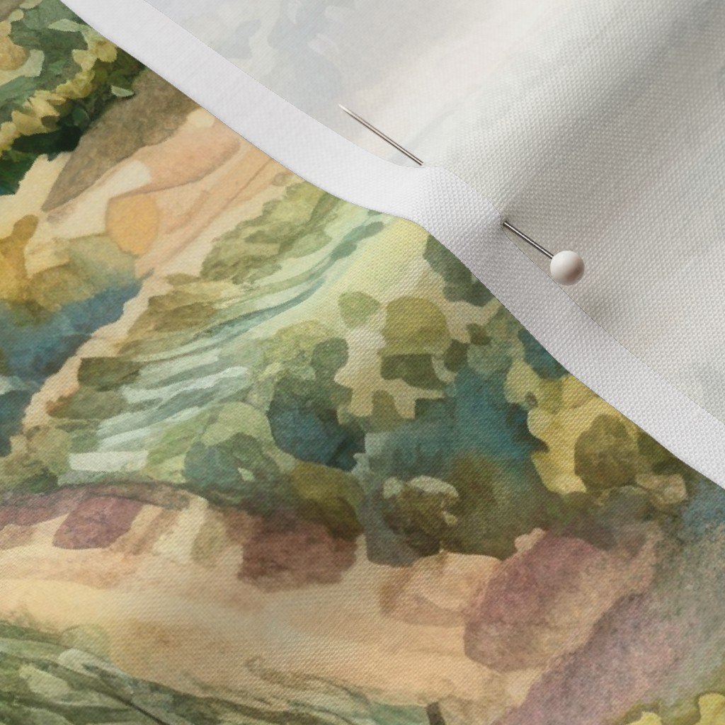 Summer Farm Landscape Watercolor Fabric farm houses fabric