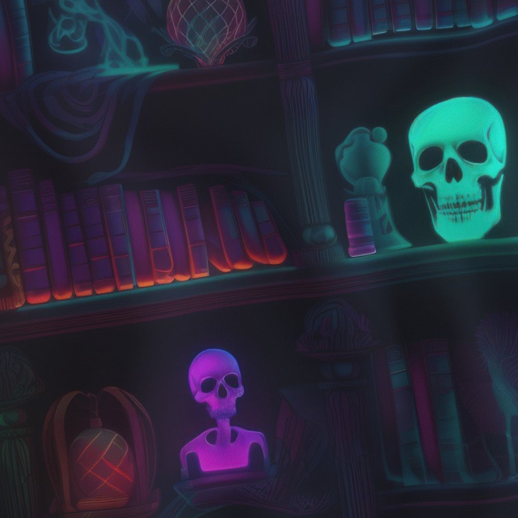 Spooky Photo realistic Dark Academia Bookshelves in Bright Neons Fabric dark academmia fabric