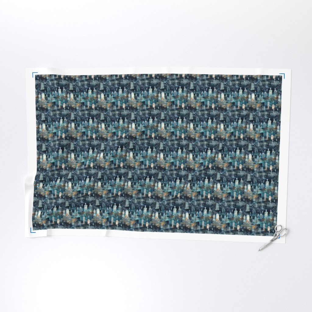 Mini Haunted Graveyard and Night Mist Blue Moonlight with Ghosts Fabric halloween night fabric
