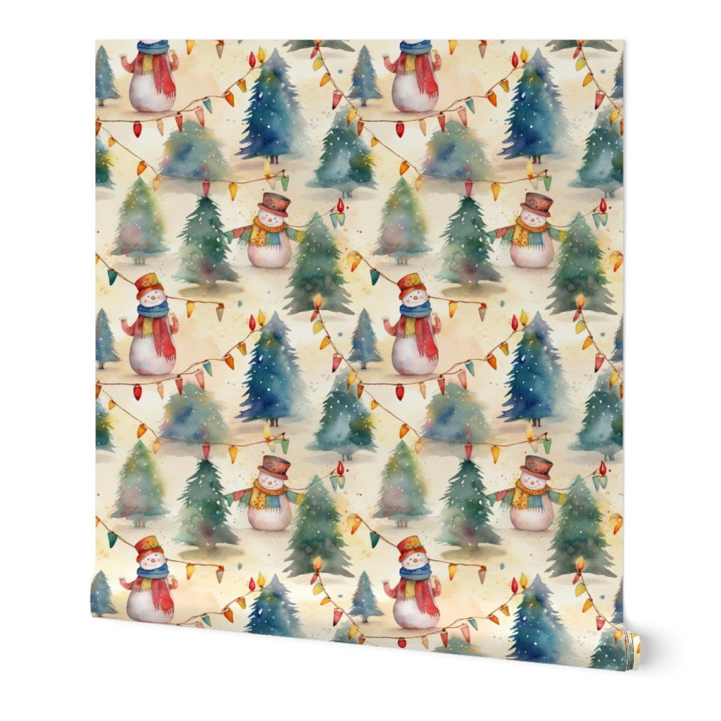 Christmas Snowmen with Christmas Lighted Trees Watercolor Wallpaper christmas lights wallpaper