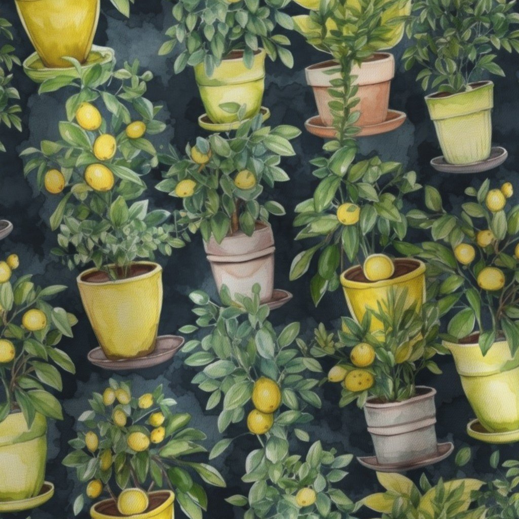 Potted Lemon Trees Watercolor on Dark Green Fabric lemon plants fabric