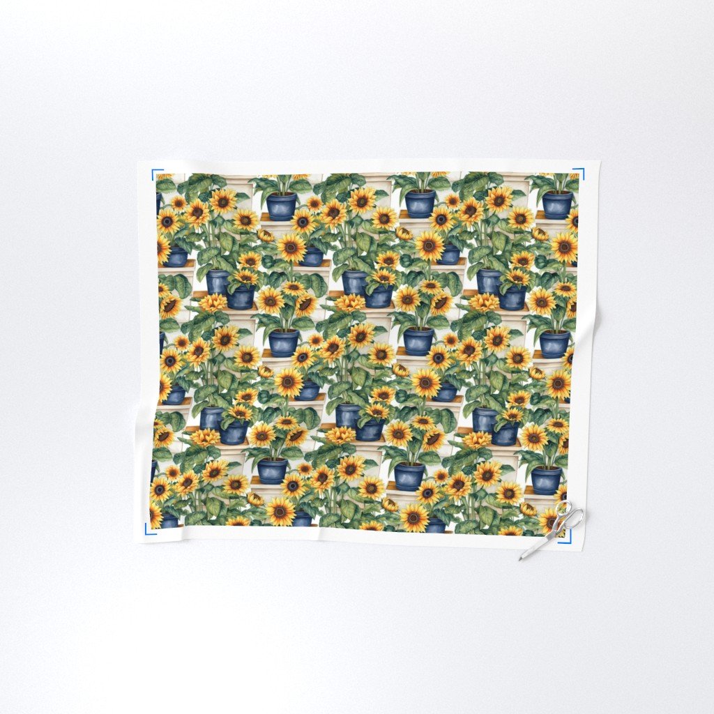 Potted Yellow Sunflower Plants Watercolor Fabric flowering plants fabric
