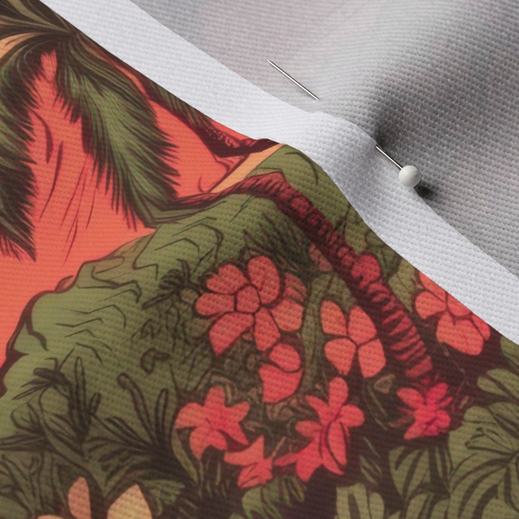 Small Vintage Hawaiian Landscape in Sage Green and Orange Fabric hawaiian print fabric