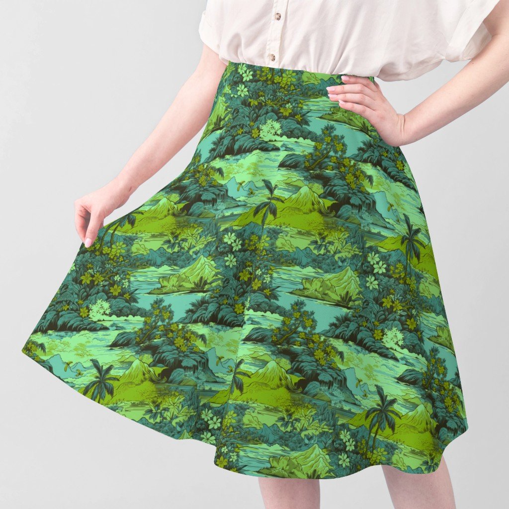 Small Vintage Hawaiian Landscape in Lime and Aqua Fabric aqua hawaii fabric