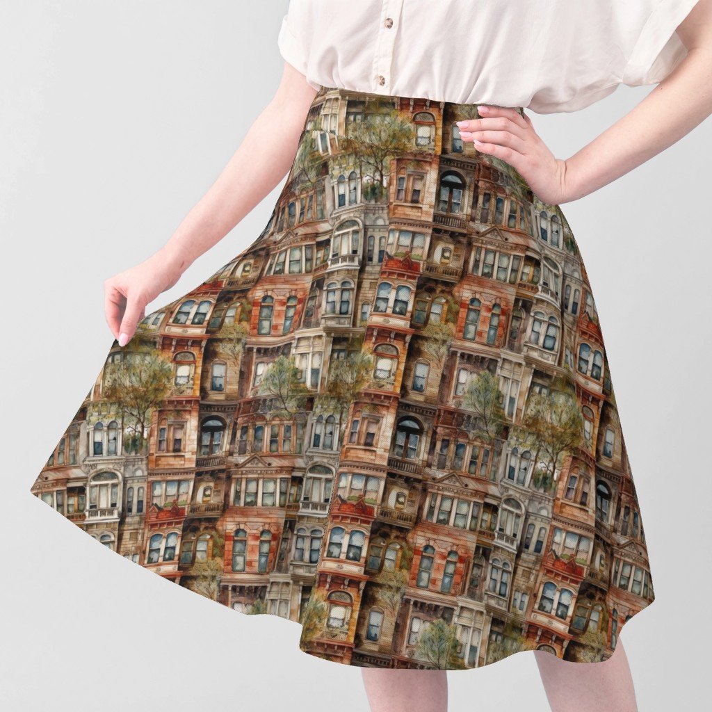 Brownstone Buildings in Varied Tones of Brown Watercolor Fabric bay windows fabric