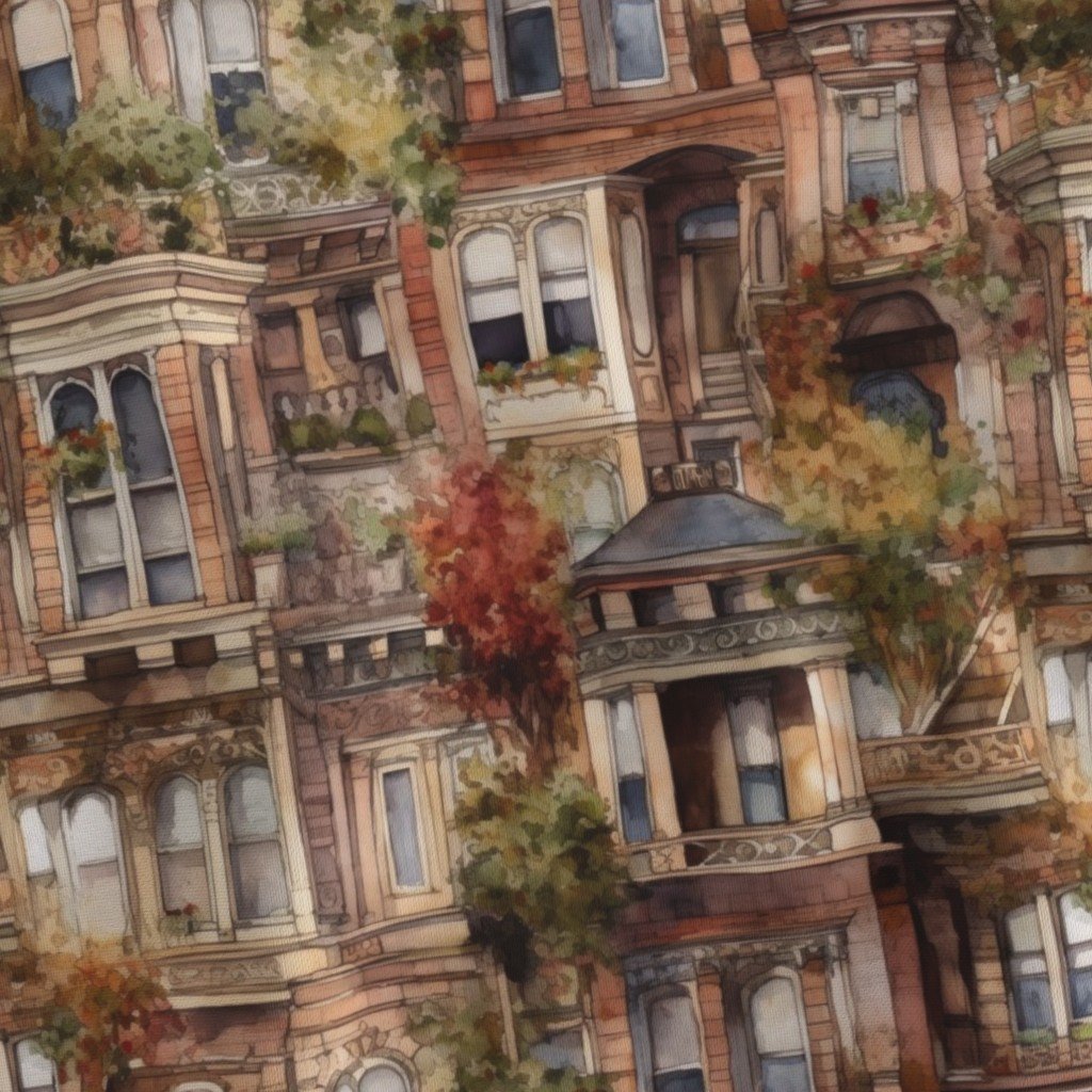 Brownstone Buildings in Varied Tones of Brown Watercolor Fabric bay windows fabric