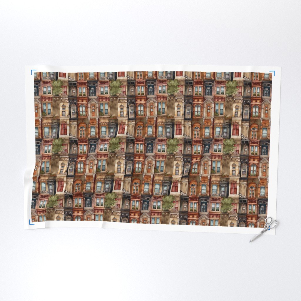 Brownstone Buildings in Varied Tones of Brown Watercolor Fabric bay windows fabric