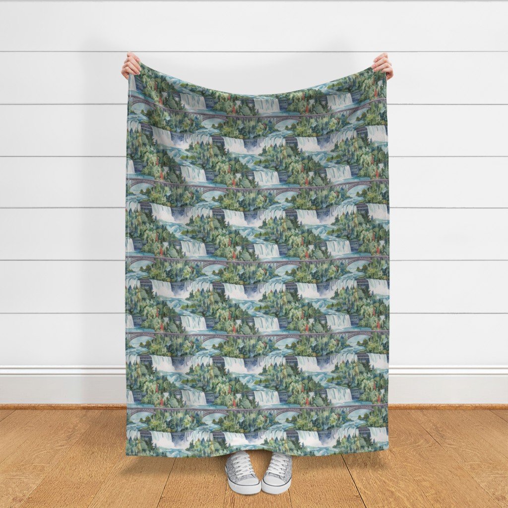 Majestic Niagra Falls Waterfall Border of Two North American Fabric cascading falls fabric