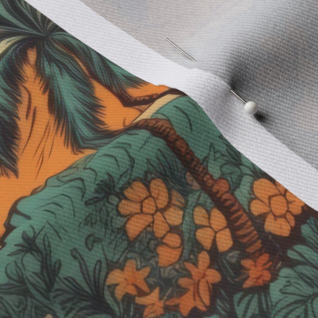 Small Vintage Hawaiian Landscape in Teal and Orange Fabric hawaiian islands fabric