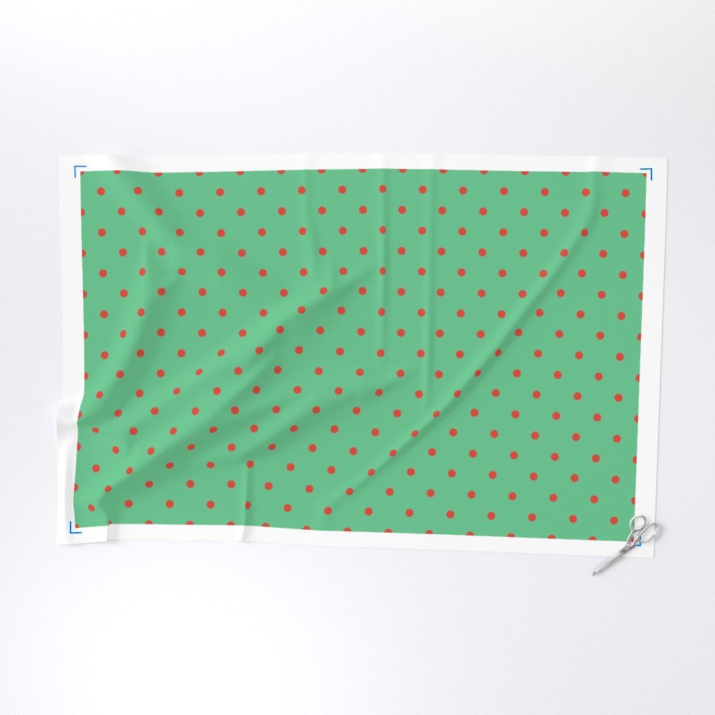 Red Vermillion Polka Dots on Vintage Christmas Green Fabric gold yellow gold sp fabric