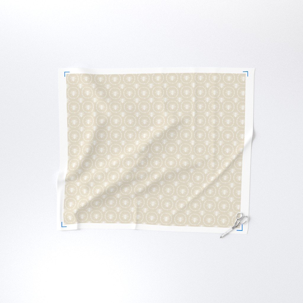 Small French Provincial Bees in Laurel Wreaths in White on Cream Fabric bees in wreaths fabric