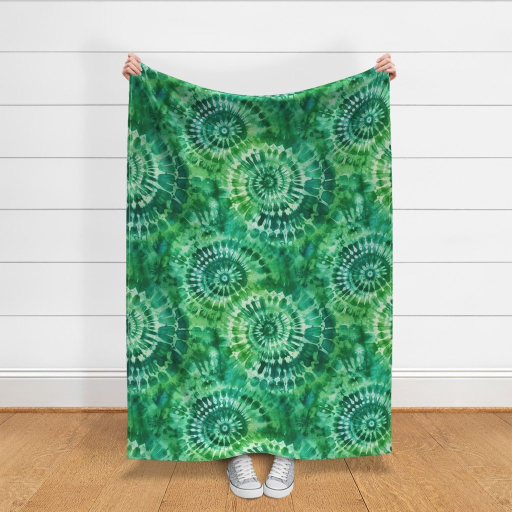 Jumbo Tie Dye Batik in Bright Green Circling Swirls on Teal Fabric dip dye fabric