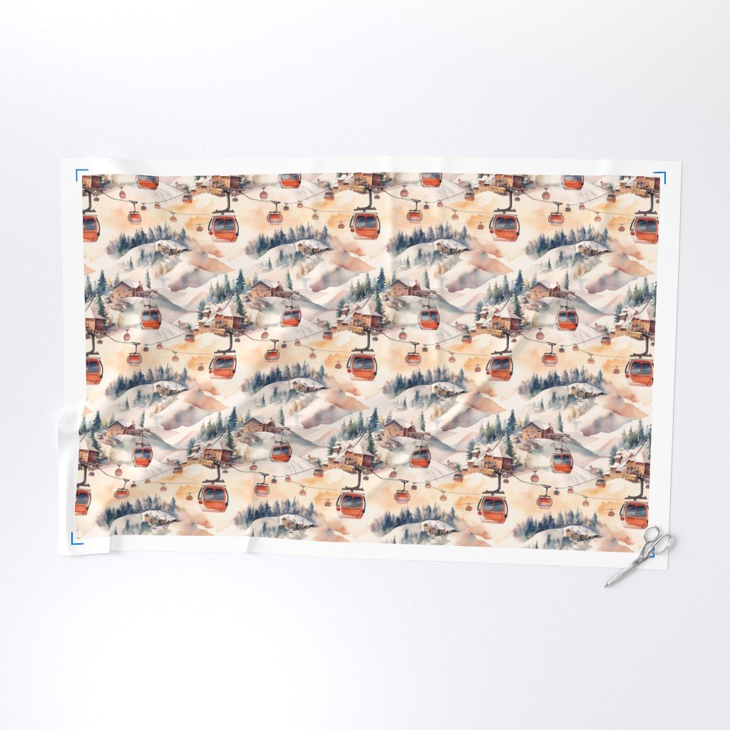 Vintage Ski Slope Cabins in Soft Pastels Fabric pastel ski slope fabric