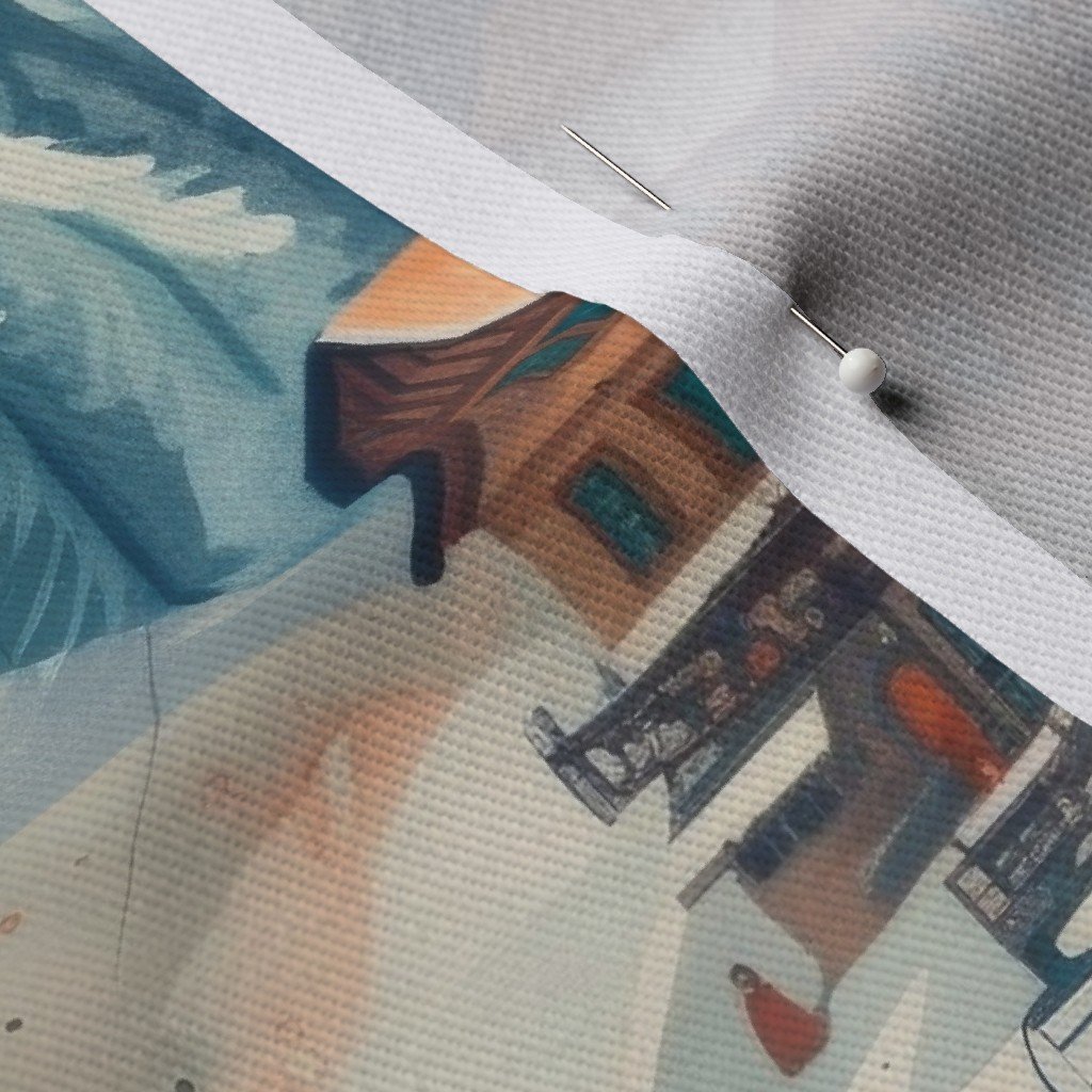 Vintage Ski Slope Cabins in Blue Woods Fabric ski print fabric
