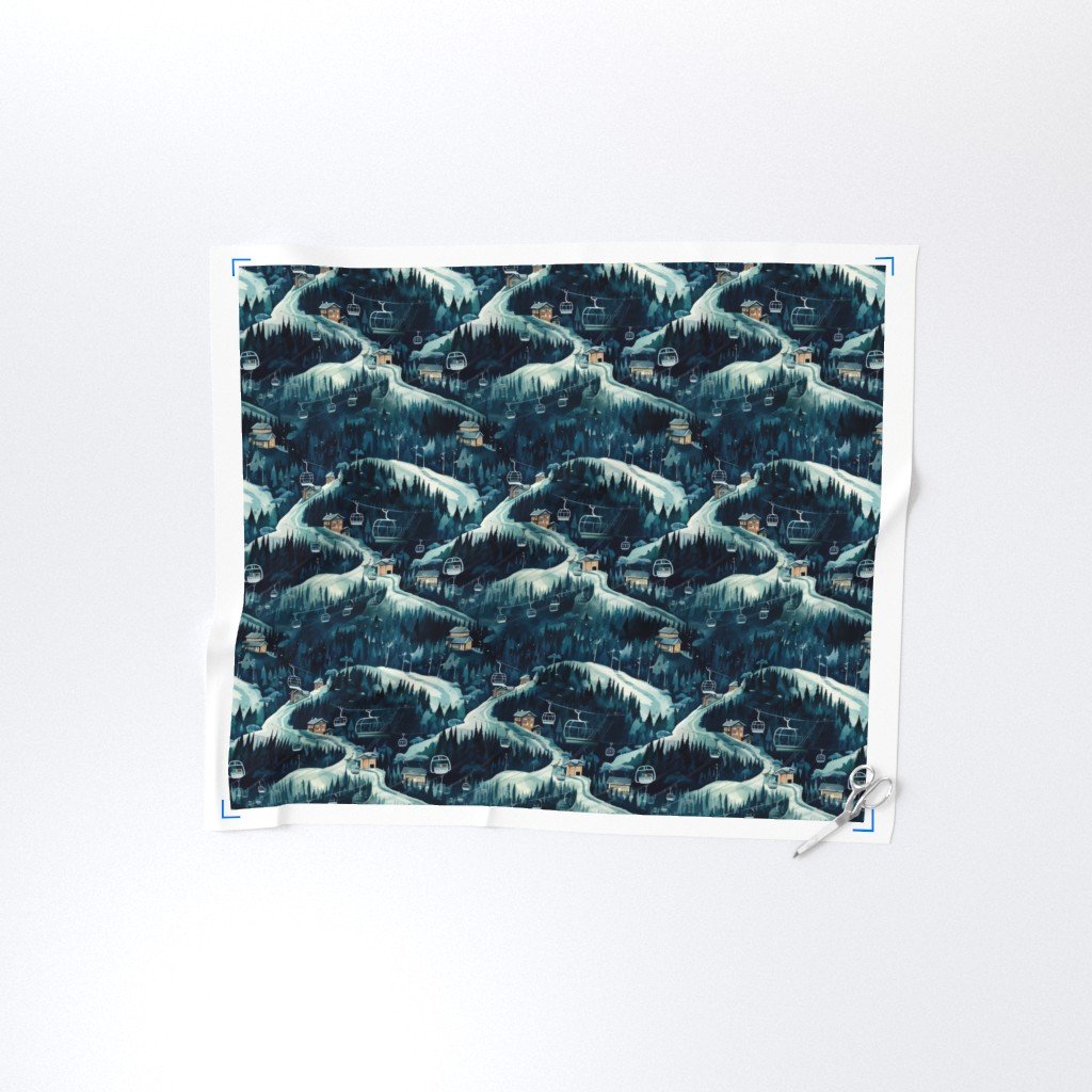 Vintage Ski Slope Cabins in Night Woods Blue Fabric night skiiing fabric
