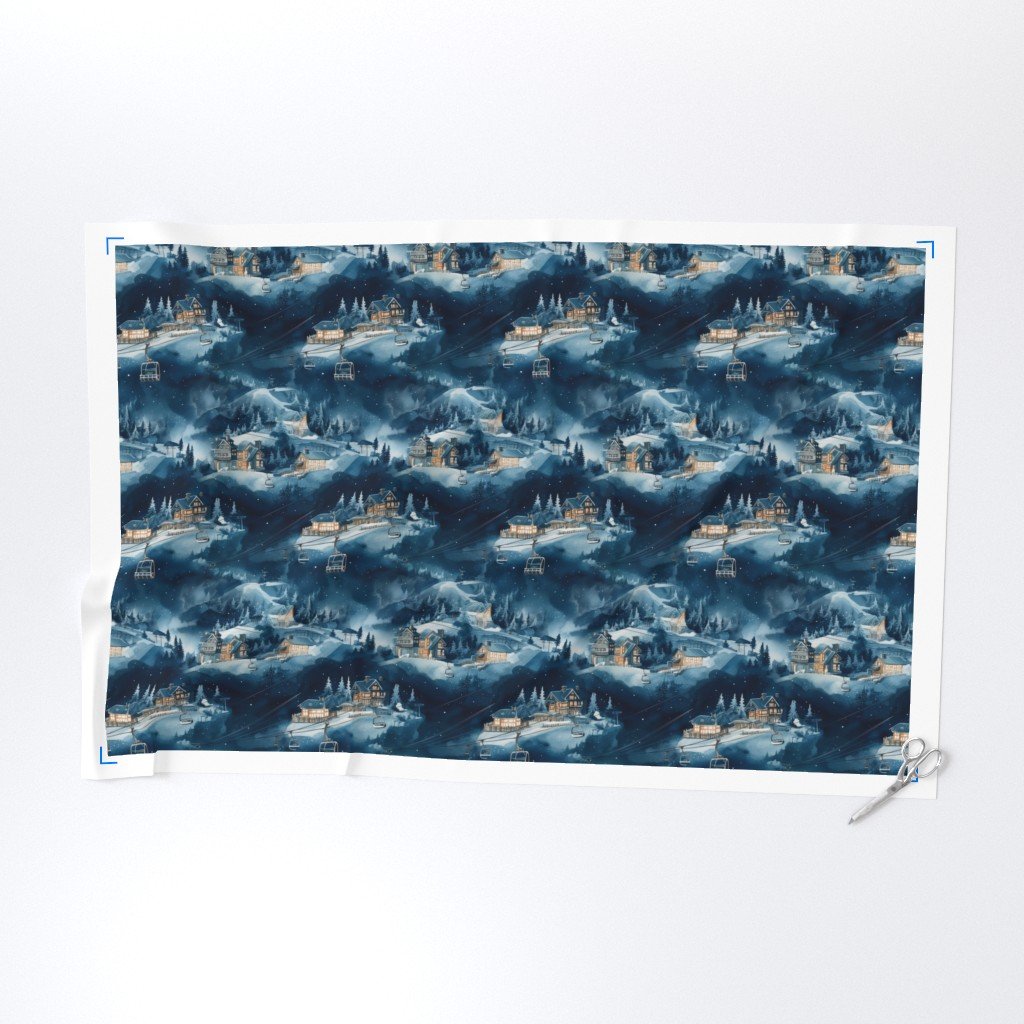 Charming vintage print of ski slope in blue at night Fabric night skiing fabric