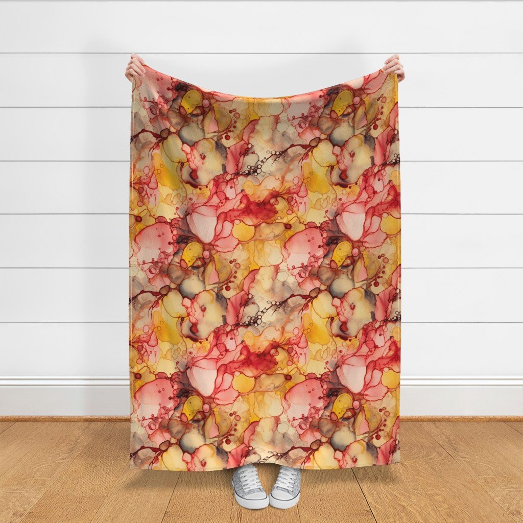 Sunrise Yellow and Peach with Rose Gold Alcohol Ink Liquid Swirls Fabric liquid ink fabric