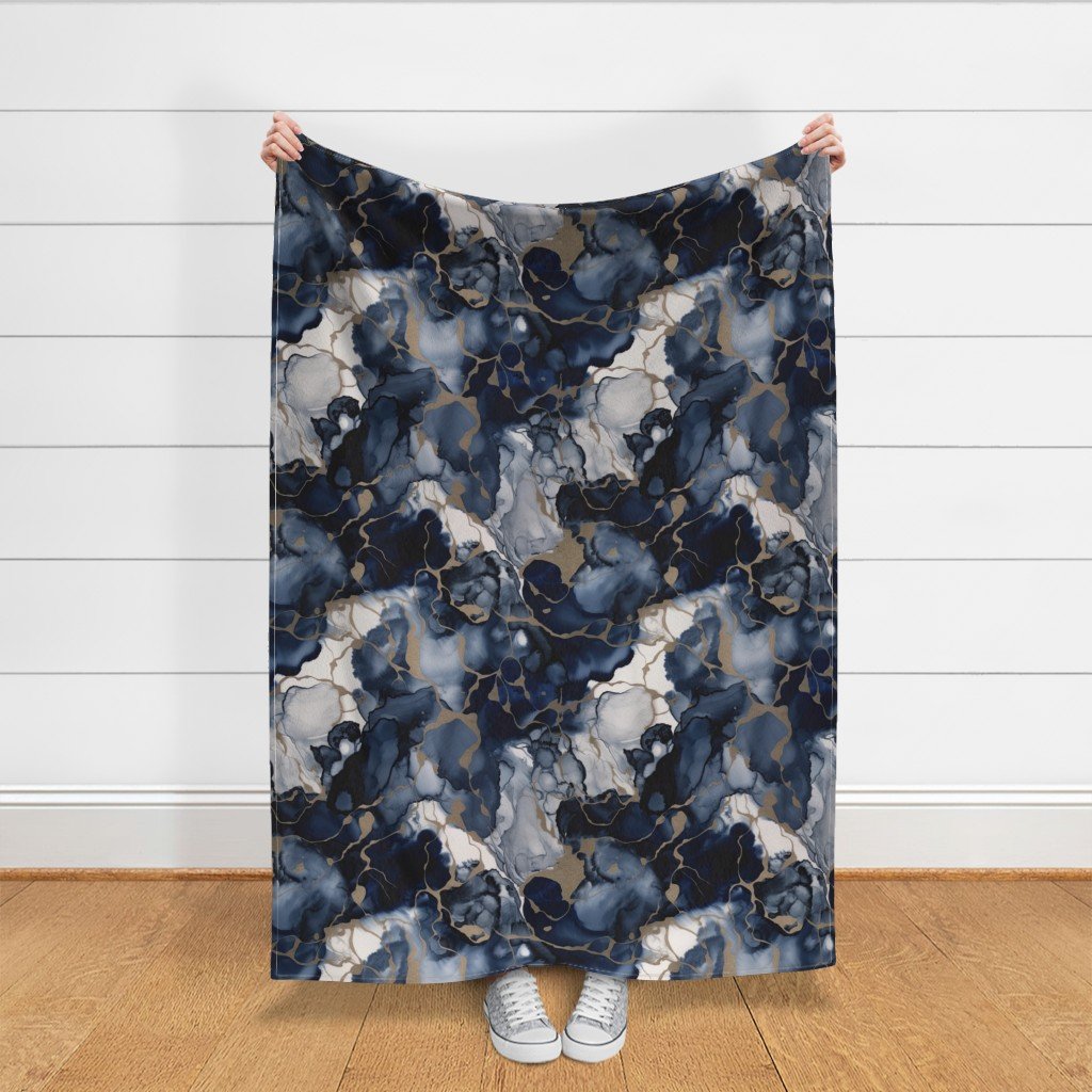 Twilight Navy Blue and Grey with Antique Gold Alcohol Ink Liquid Fabric liquid ink fabric
