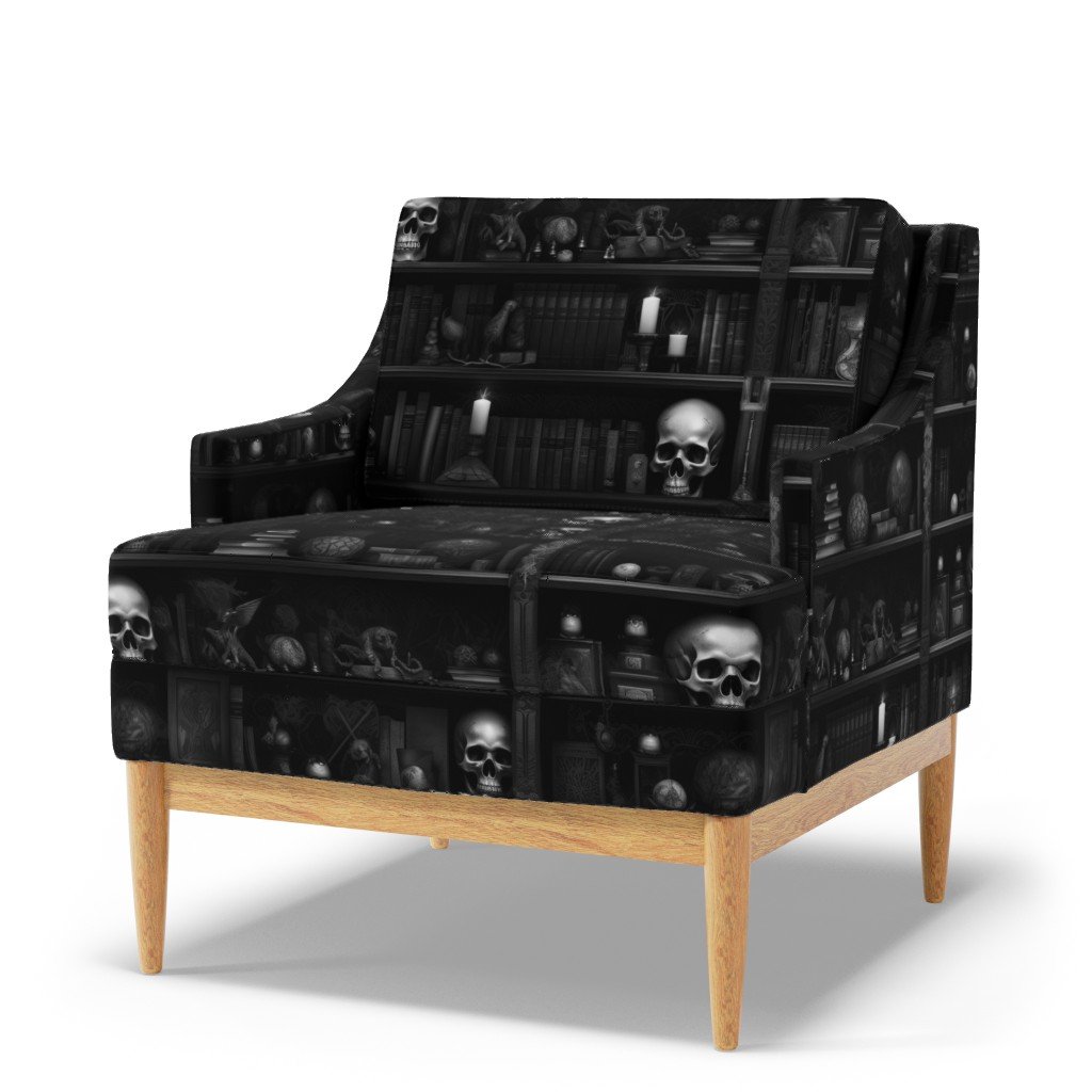 Spooky Photo realistic Dark Academia Bookshelves in Black and White Fabric green skull fabric