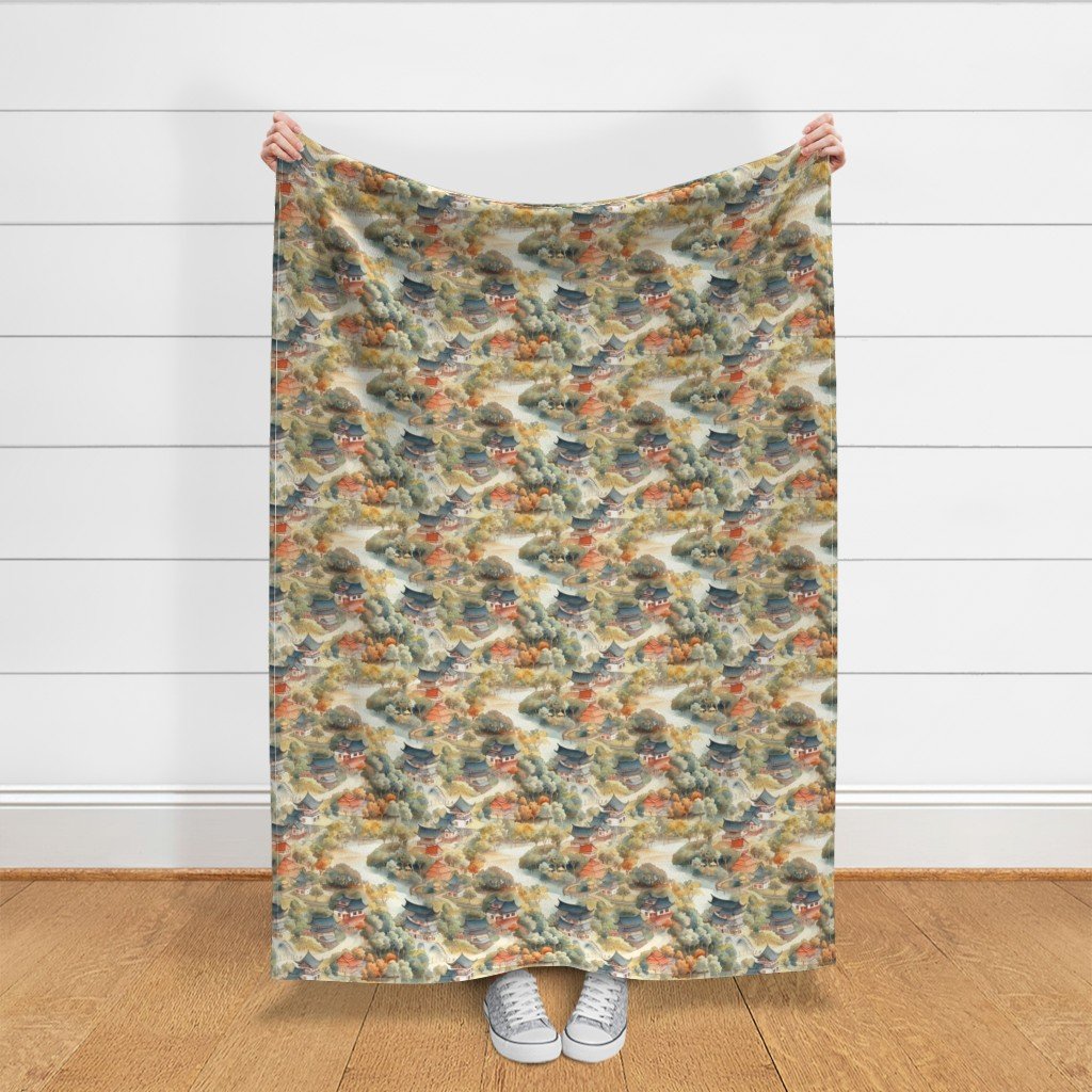 Small Chinese Village in Forest Watercolor Fabric china architecture fabric