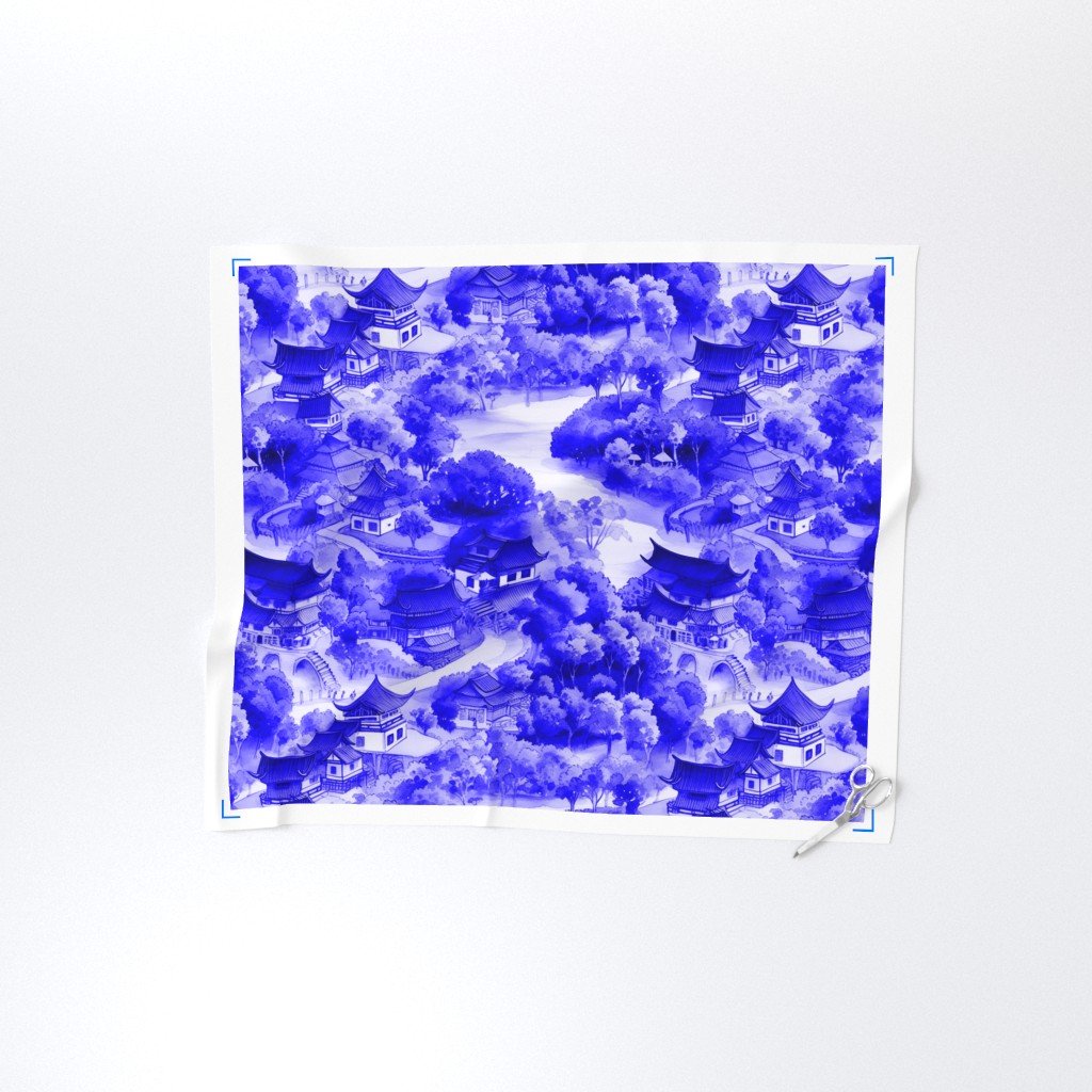 Small Chinese Village in Royal Blue Porcelain Glaze Fabric blue glaze fabric