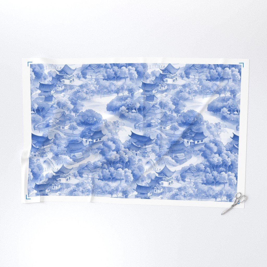 Small Chinese Village in Light Blue Porcelain Glaze Fabric chinese china fabric