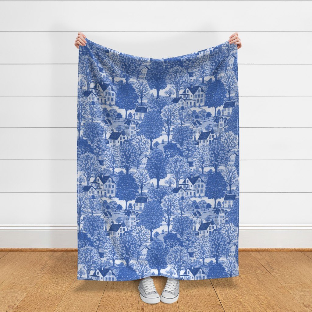 New England Village Houses with Trees in Light Blue Porcelain Glaze Fabric new england fabric