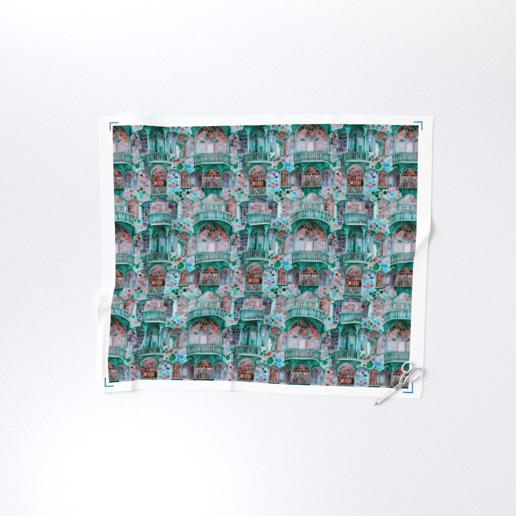 Barcelona House Architectural Detail in Windows Columns Arches and Fabric aqua decor fabric