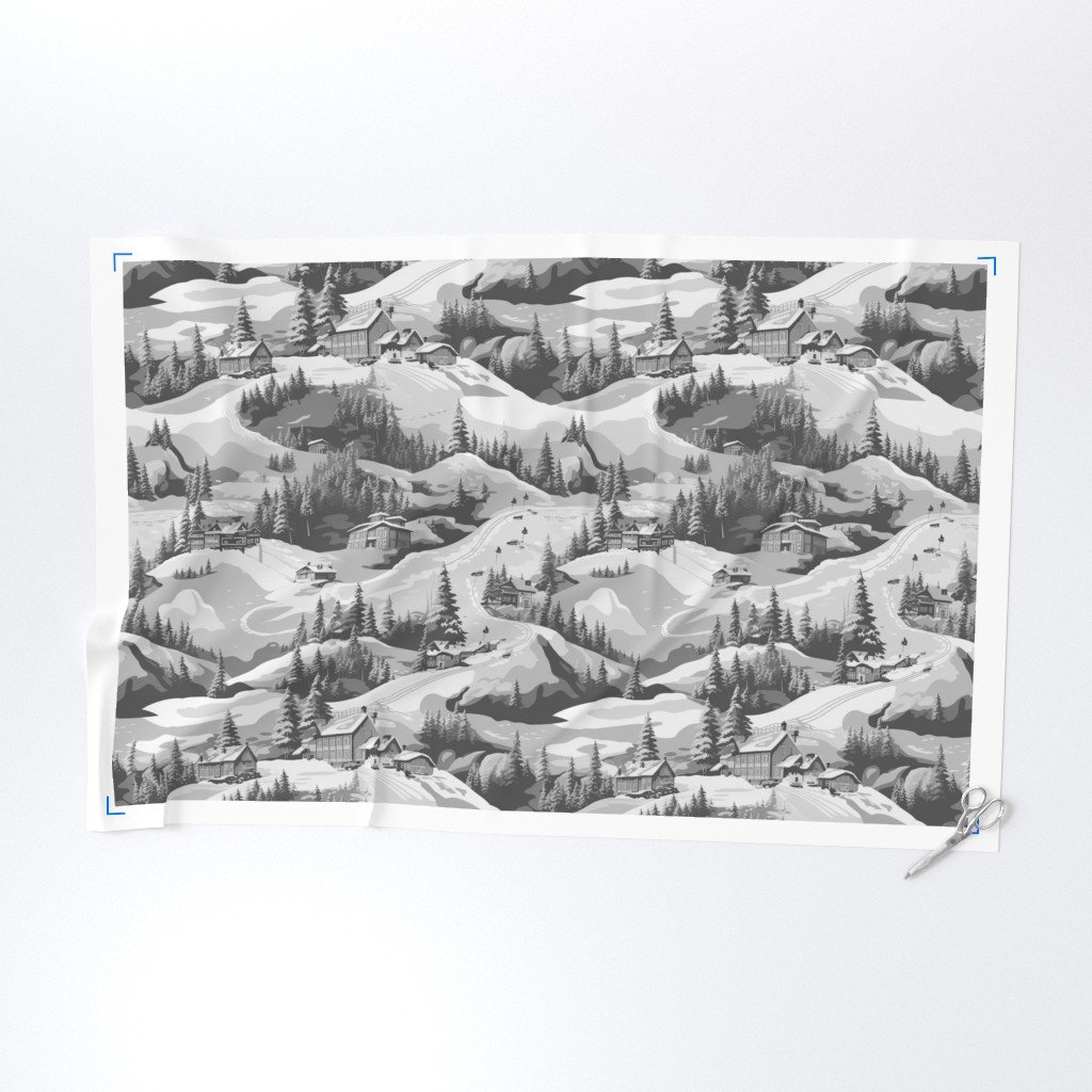 Small Montana Winter Cabins Montana with Evergreens in Grey Fabric grey glaze fabric