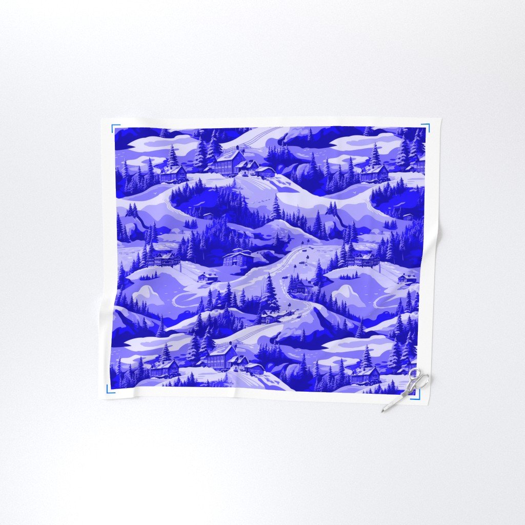Small Montana Winter Cabins Montana with Evergreens in Royal China Fabric blue glaze fabric