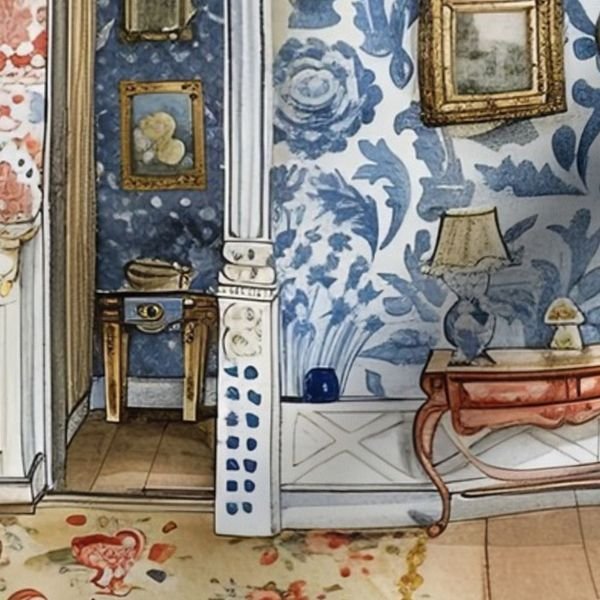 Victorian Dollshouse with Period Decor in Watercolor 2 Interior Collection Decor Collection doll house fabric design