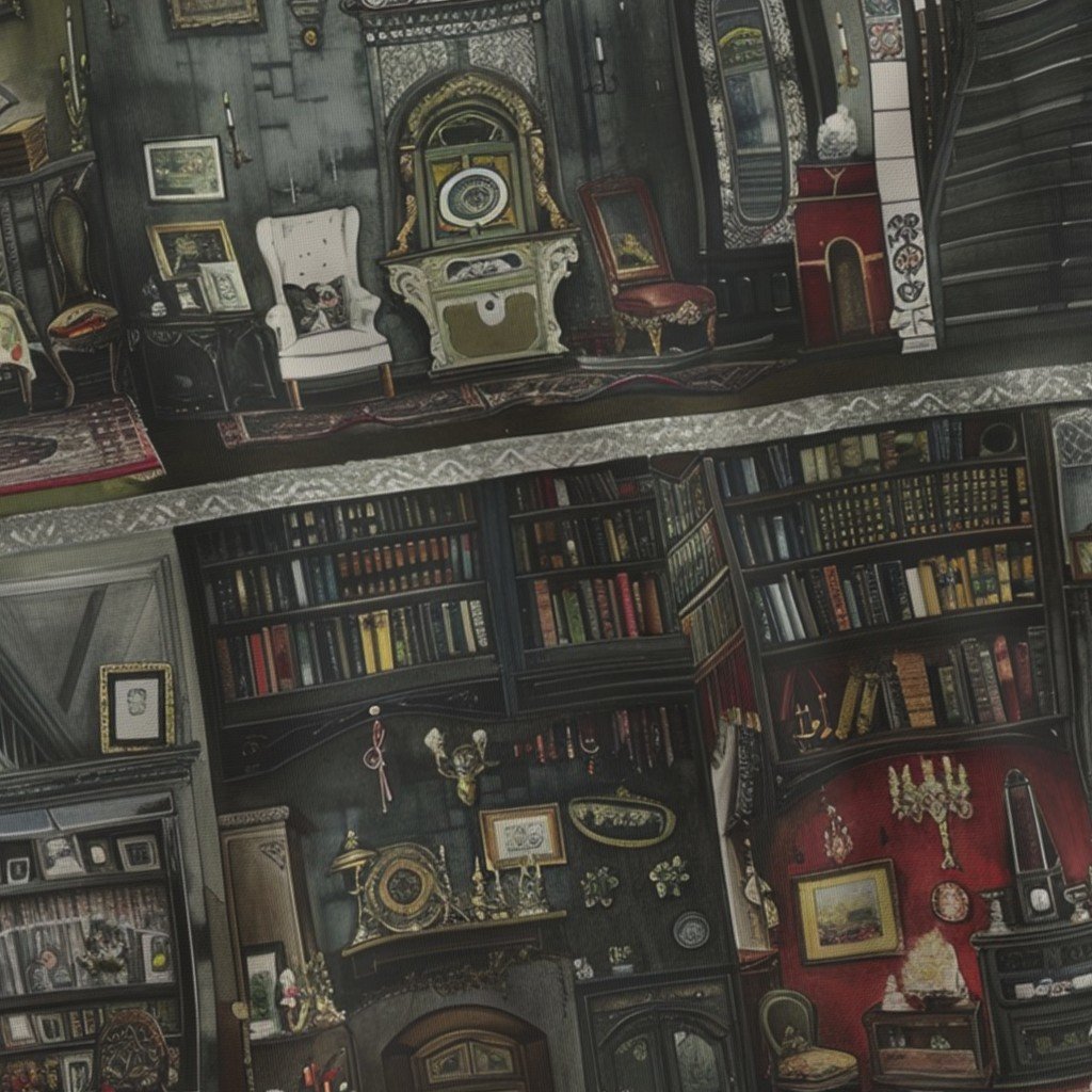 Victorian Gothic Dollshouse with Dark Academia Watercolor Decor 1 Fabric doll rooms fabric