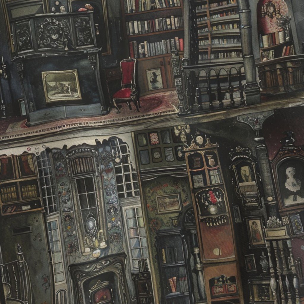 Victorian Gothic Dollshouse with Dark Academia Watercolor Decor 2 Fabric doll rooms fabric