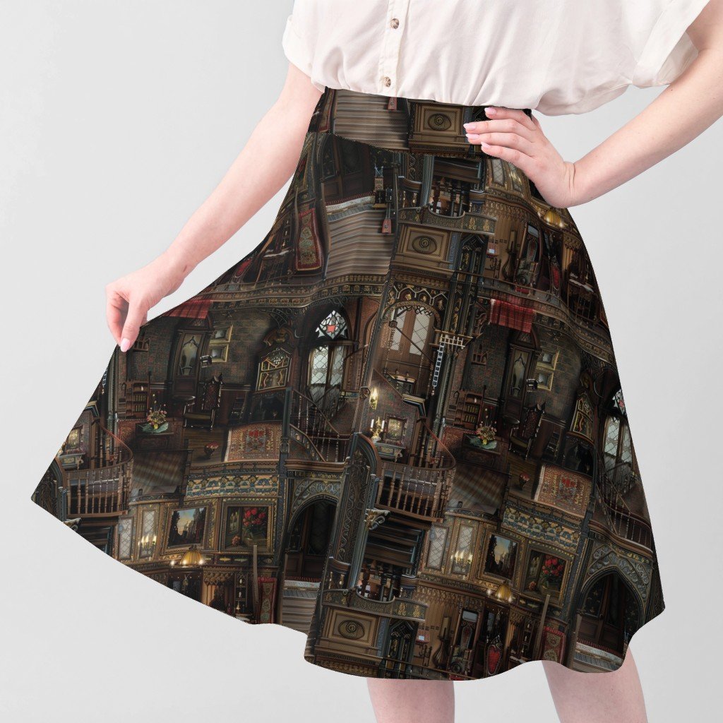 Victorian Gothic Haunted Dollshouse with Dolls in Dark Academia Fabric doll house fabric