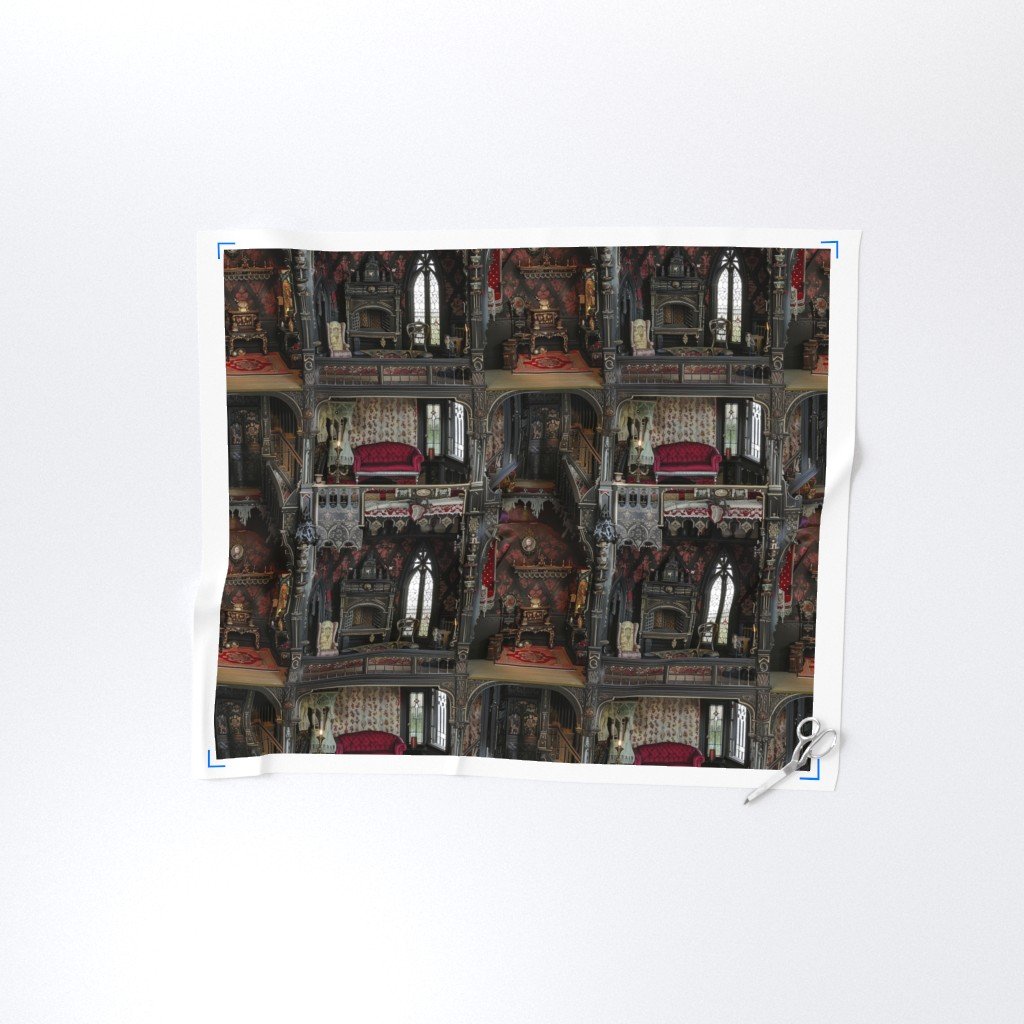 Victorian Gothic Haunted Dollshouse with Dolls in Dark Academia Fabric doll house fabric