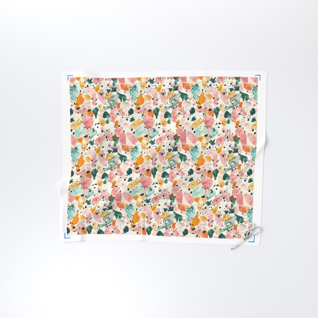 Orange Rose and Aqua Watercolor Terrazzo Splashes Fabric orange tile fabric