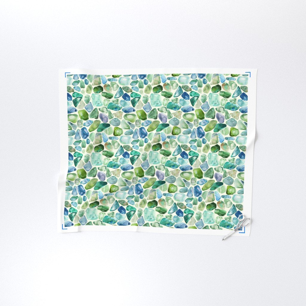 Blue and Green Shards of Tumbled and Scattered Watercolor Seaglass Fabric blue green seaglas fabric