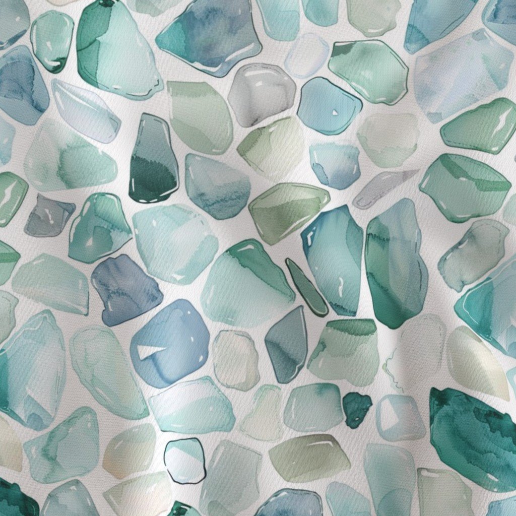 Blue and Aqua Shards of Tumbled and Scattered Watercolor Seaglass Fabric aqua seaglass fabric