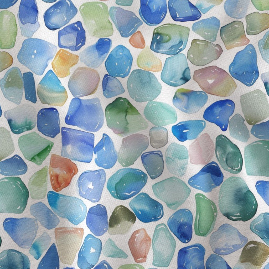 Blue Toned Shards of Tumbled and Scattered Watercolor Seaglass Fabric blue seaglass fabric